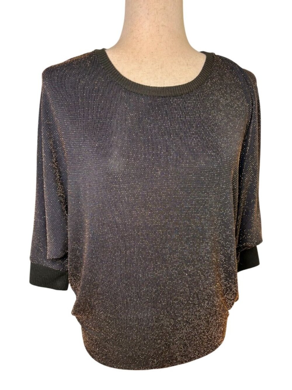Paperoc Black Gold Metallic Sparkle Dolman Sleeve Knit Top Medium
